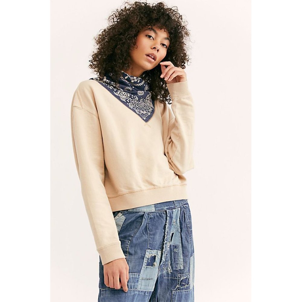Free People James Bandana Print Pullover Sweatshirt in Ecru Ivory Navy NEW